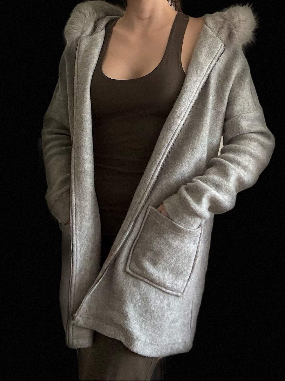 Doe & Rae Heather Gray Hooded Faux-Fur Trim Cozy Cardigan